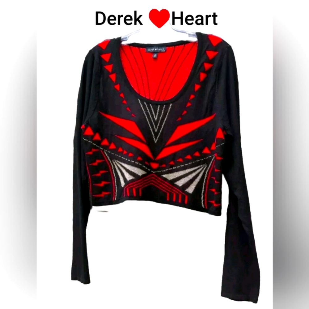 Derek♥️Heart Women's Knit Metallic Plus Size 1 X Red Stripe Zigzag Cropped Top